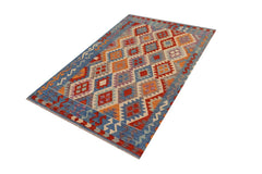 Flat Weave Kilim Antique Navaho Vintage handmade Geometric Kilim Rust Blue Hand-Woven Rectangle 100% Wool Area Rug 5x6 