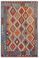 Flat Weave Kilim Antique Navaho Vintage handmade Geometric Kilim Rust Blue Hand-Woven Rectangle 100% Wool Area Rug 5x6 