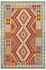 Flat Weave Kilim Antique Navaho Vintage handmade Geometric Kilim Rust Blue Hand-Woven Rectangle 100% Wool Area Rug 4x6 