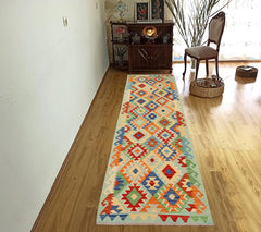 Flat Weave Kilim Antique Navaho Vintage handmade Geometric Kilim Rust Blue Hand-Woven Runner 100% Wool Area Rug 3x10 