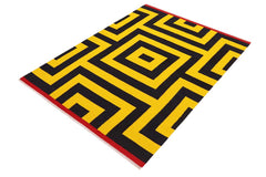 Flat Weave Kilim Antique Navaho Vintage handmade Modern Kilim Gold Black Hand-Woven Rectangle 100% Wool Area Rug 6x8 