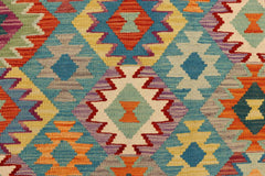 Flat Weave Kilim Antique Navaho Vintage handmade Geometric Kilim Blue Rust Hand-Woven Rectangle 100% Wool Area Rug 6x8 