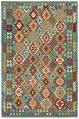 Flat Weave Kilim Antique Navaho Vintage handmade Geometric Kilim Blue Rust Hand-Woven Rectangle 100% Wool Area Rug 6x8 