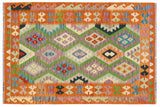 Retro Kilim Sydney Blue Orange Hand-Woven Wool Rug-4'2'' x 5'11''