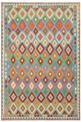 Flat Weave Kilim Antique Navaho Vintage handmade Geometric Kilim Blue Gray Hand-Woven Rectangle 100% Wool Area Rug 8x10 