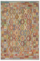 Flat Weave Kilim Antique Navaho Vintage handmade Geometric Kilim Rust Blue Hand-Woven Rectangle 100% Wool Area Rug 8x10 