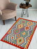 Flat Weave Kilim Antique Navaho Vintage handmade Modern Kilim Blue Rust Hand-Woven Rectangle 100% Wool Area Rug 3x4 