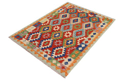 Flat Weave Kilim Antique Navaho Vintage handmade Geometric Kilim Rust Blue Hand-Woven Rectangle 100% Wool Area Rug 5x7 