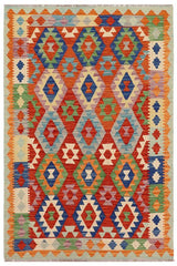 Flat Weave Kilim Antique Navaho Vintage handmade Geometric Kilim Rust Blue Hand-Woven Rectangle 100% Wool Area Rug 5x7 