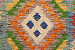 Flat Weave Kilim Antique Navaho Vintage handmade Geometric Kilim Orange Blue Hand-Woven Runner 100% Wool Area Rug 3x7 