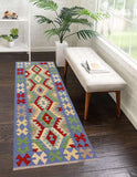 Flat Weave Kilim Antique Navaho Vintage handmade Geometric Kilim Blue Red Hand-Woven Runner 100% Wool Area Rug 3x6 