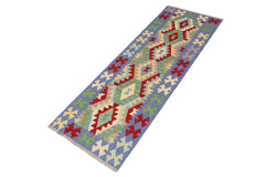 Flat Weave Kilim Antique Navaho Vintage handmade Geometric Kilim Blue Red Hand-Woven Runner 100% Wool Area Rug 3x6 