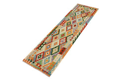 Flat Weave Kilim Antique Navaho Vintage handmade Geometric Kilim Rust Blue Hand-Woven Runner 100% Wool Area Rug 3x10 