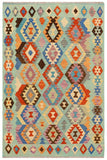 Flat Weave Kilim Antique Navaho Vintage handmade Geometric Kilim Blue Rust Hand-Woven Rectangle 100% Wool Area Rug 5x6 