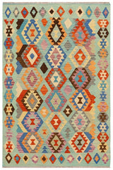 Flat Weave Kilim Antique Navaho Vintage handmade Geometric Kilim Blue Rust Hand-Woven Rectangle 100% Wool Area Rug 5x6 