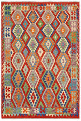 Flat Weave Kilim Antique Navaho Vintage handmade Geometric Kilim Rust Blue Hand-Woven Rectangle 100% Wool Area Rug 7x10 