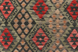 Flat Weave Kilim Antique Navaho Vintage handmade Geometric Kilim Green Red Hand-Woven Rectangle 100% Wool Area Rug 3x6 