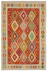 Flat Weave Kilim Antique Navaho Vintage handmade Geometric Kilim Rust Blue Hand-Woven Rectangle 100% Wool Area Rug 7x10 