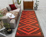 Flat Weave Kilim Antique Navaho Vintage handmade Geometric Kilim Rust Burgundy Hand-Woven Runner 100% Wool Area Rug 4x12 