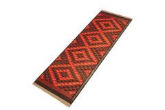 Flat Weave Kilim Antique Navaho Vintage handmade Geometric Kilim Rust Burgundy Hand-Woven Runner 100% Wool Area Rug 4x12 