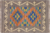 Abstract Kilim Eliezer Gray Beige Hand-Woven Wool Rug-2'0'' x 2'11''