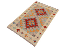 Flat Weave Kilim Antique Navaho Vintage handmade Geometric Kilim Beige Red Hand-Woven Rectangle 100% Wool Area Rug 2x3 