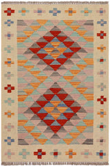 Flat Weave Kilim Antique Navaho Vintage handmade Geometric Kilim Beige Red Hand-Woven Rectangle 100% Wool Area Rug 2x3 