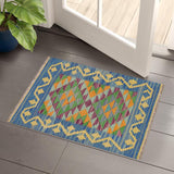 Flat Weave Kilim Antique Navaho Vintage handmade Geometric Kilim Blue Gold Hand-Woven Rectangle 100% Wool Area Rug 2x3 