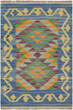 Flat Weave Kilim Antique Navaho Vintage handmade Geometric Kilim Blue Gold Hand-Woven Rectangle 100% Wool Area Rug 2x3 