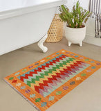 Flat Weave Kilim Antique Navaho Vintage handmade Modern Kilim Rust Blue Hand-Woven Rectangle 100% Wool Area Rug 2x3 