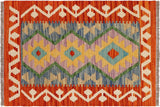 Caucasian Kilim Dixie Rust Beige Hand-Woven Wool Rug-1'11'' x 2'10''