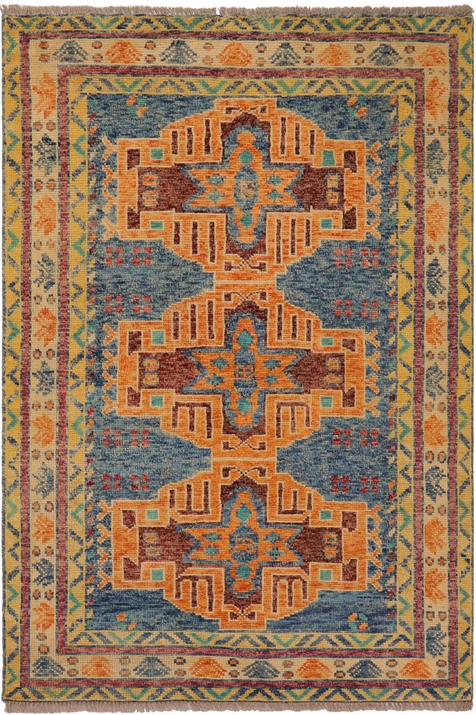 handmade Geometric Balouchi Blue Beige Hand Knotted RECTANGLE 100% WOOL area rug 4x6