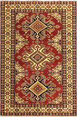 handmade Geometric Super Kazak Red Beige Hand Knotted RECTANGLE 100% WOOL area rug 4 x 6