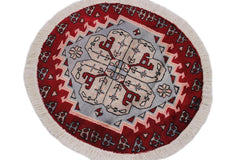 handmade Geometric Bokhara Red Grey Hand Knotted ROUND 100% WOOL area rug 2 x 2