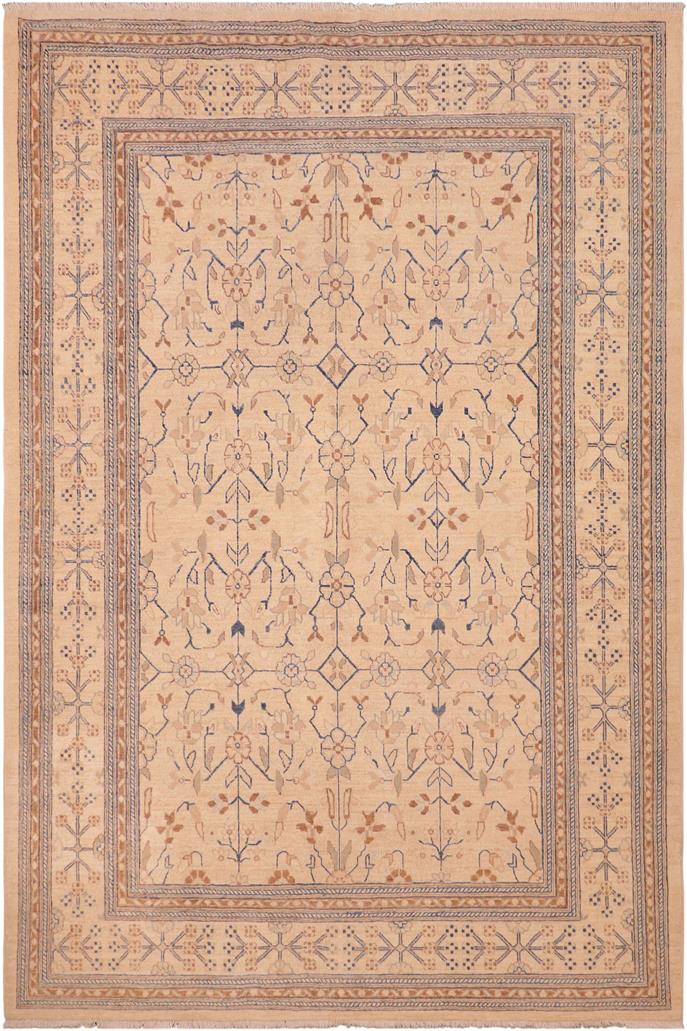 handmade Transitional Kafkaz Tan Blue Hand Knotted RECTANGLE 100% WOOL area rug 6 x 9