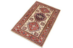 handmade Geometric Super Kazak Beige Red Hand Knotted RECTANGLE 100% WOOL area rug 2 x 4