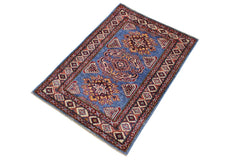 handmade Geometric Super Kazak Blue Beige Hand Knotted RECTANGLE 100% WOOL area rug 3 x 4