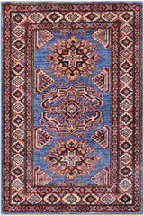 handmade Geometric Super Kazak Blue Beige Hand Knotted RECTANGLE 100% WOOL area rug 3 x 4