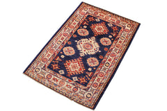 handmade Geometric Super Kazak Blue Beige Hand Knotted RECTANGLE 100% WOOL area rug 2 x 3