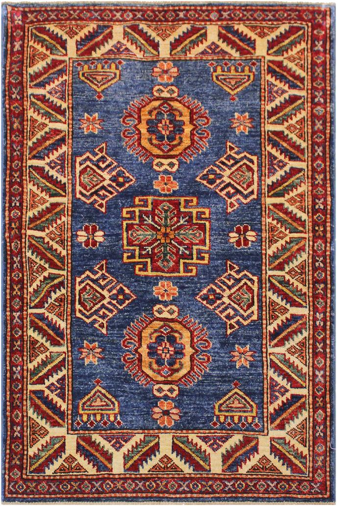 handmade Geometric Super Kazak Blue Beige Hand Knotted RECTANGLE 100% WOOL area rug 3 x 4