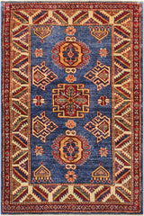 handmade Geometric Super Kazak Blue Beige Hand Knotted RECTANGLE 100% WOOL area rug 3 x 4