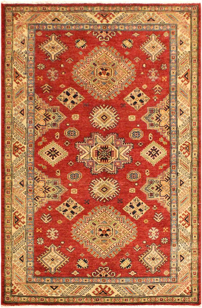 handmade Geometric Super Kazak Red Tan Hand Knotted RECTANGLE 100% WOOL area rug 4 x 6