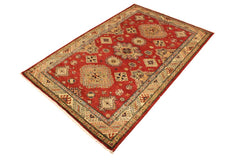 handmade Geometric Super Kazak Red Tan Hand Knotted RECTANGLE 100% WOOL area rug 4 x 6