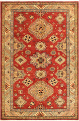 handmade Geometric Super Kazak Red Tan Hand Knotted RECTANGLE 100% WOOL area rug 4 x 6