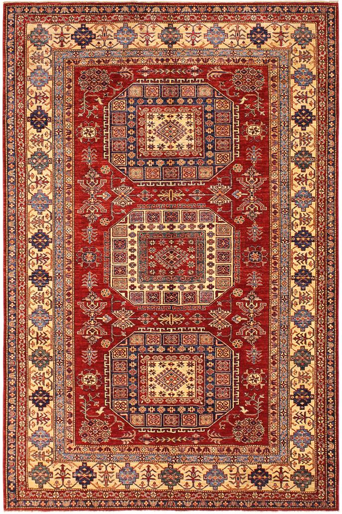 handmade Geometric Super Kazak Red Tan Hand Knotted RECTANGLE 100% WOOL area rug 7 x 10