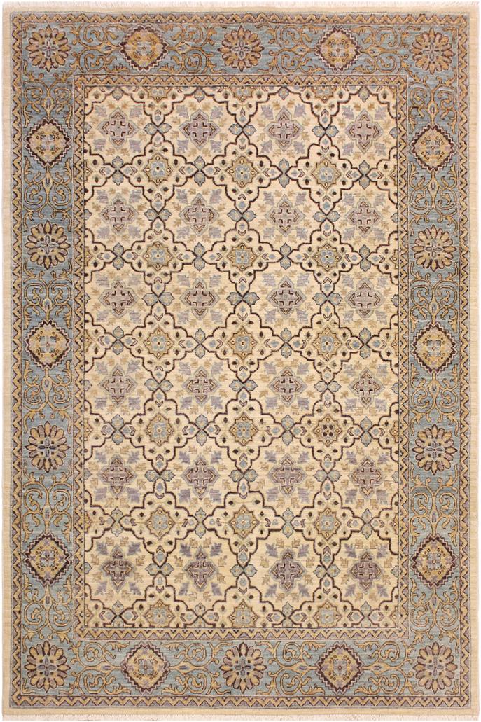 handmade Transitional Kafkaz Ivory Lt. Blue Hand Knotted RECTANGLE 100% WOOL area rug 6 x 8