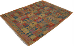 Flat Weave Kilim Antique Navaho Vintage handmade Geometric Kilim Tan Blue Hand-Woven Rectangle 100% Wool Area Rug 5x6 