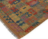 Flat Weave Kilim Antique Navaho Vintage handmade Geometric Kilim Tan Blue Hand-Woven Rectangle 100% Wool Area Rug 5x6 