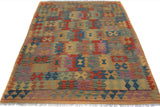 Flat Weave Kilim Antique Navaho Vintage handmade Geometric Kilim Tan Blue Hand-Woven Rectangle 100% Wool Area Rug 5x6 