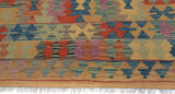 Flat Weave Kilim Antique Navaho Vintage handmade Geometric Kilim Tan Blue Hand-Woven Rectangle 100% Wool Area Rug 5x6 